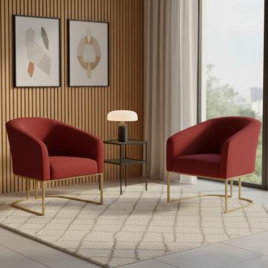 Imagem de Poltrona Sala Decorativa Kit 2 Stella Base Industrial Dourada Veludo Marsala D03 - D'Rossi
