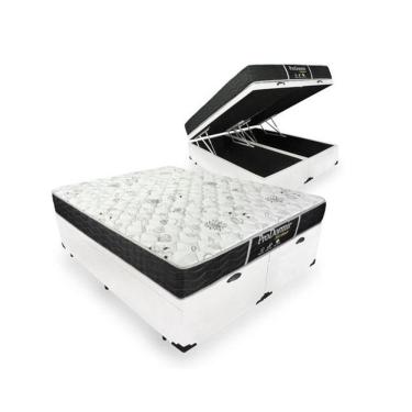Imagem de Cama Box Baú Queen Bipartido158 Tecido Sintético Branco com Colchão De Molas - Probel Prodormir Sleep Black