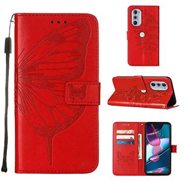 Imagem de Capas de telefone borboleta em relevo compatíveis com Motorola Edge 30 Pro Edge 30Pro Capa de couro com slots de cartão impressos clipe de carteira para celular de negócios (vermelho, Motorola Edge30Pro)
