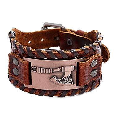 Imagem de XLTFZY Pulseiras Viking masculinas femininas pulseira vintage nórdica única machado pulseira nó couro pagão largo de talismã/marrom