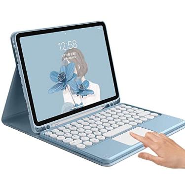 Imagem de Capa com teclado para iPad 6ª geração Air 2 Pro 9,7 polegadas com touchpad bonito teclado redondo colorido iPad 6 iPad 5 capa de teclado bluetooth removível (iPad5/iPad6/Air2/Pro9.7, azul)