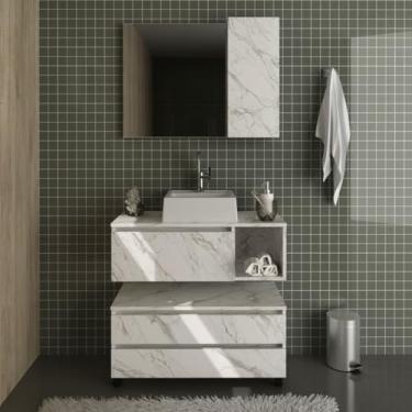 Imagem de Kit Banheiro Completo com Gabinete Cuba e Espelheira Mármore Branco