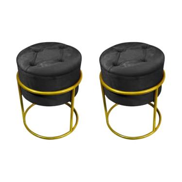 Imagem de Kit 2 Puffs Decorativos Redondo Com Capitonê Base De Ferro Dourada Tecido Veludo Preto