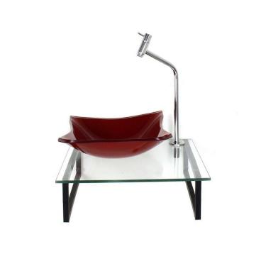 Imagem de Kit Cuba de Vidro 10cm Tampo 40cm com Suporte Torneira Válvula Vermelho Ferrari