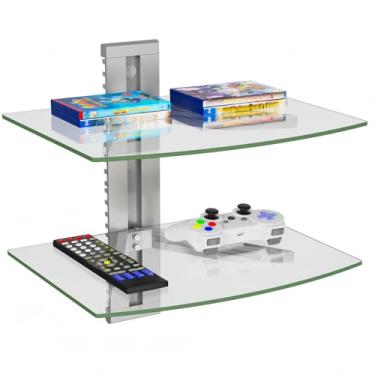 Imagem de WALI Prateleira flutuante de parede CS202S com vidro temperado reforçado transparente para leitores de DVD, caixas de cabo, consoles de jogos, acessórios de TV, 2 prateleiras, prata