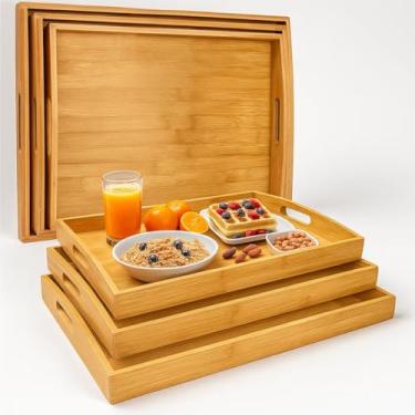 Imagem de Kit 3 Bandeja Retangular de Bambu C/Alça Lateral P M G Para Servir Café da Manhã Cantinho do Café Decoração Yab