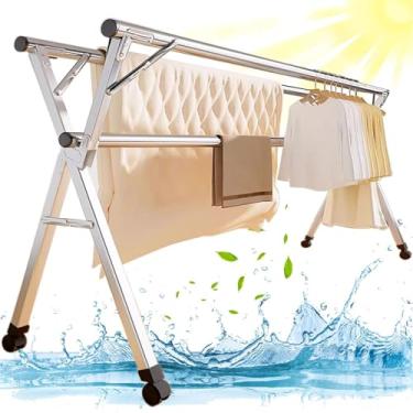 Imagem de Escorredor de roupas, secador de roupas dobrável extensível, comprimento e altura ajustáveis da secadora com 4 rodas universais e 20 ganchos à prova de vento