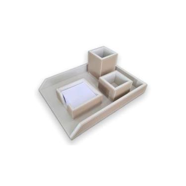 Imagem de Kit Escritório Organizador de Mesa Eco Office em Couro Ecológico - Porta Papel A4, Porta Lápis, Porta Clips e Porta Rascunho (Amêndoa)