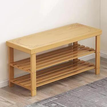 Imagem de Banco de sapateira de bambu de 3 níveis para entrada, organizador compacto de madeira para porta da frente, solução de armazenamento elegante para espaços pequenos