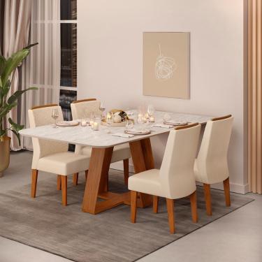 Imagem de Conjunto Sala de Jantar 4 Cadeiras Tampo Sem Vidro 170x90 dj Móveis Kiara Freijó Quartzo Lidia Linho Neve