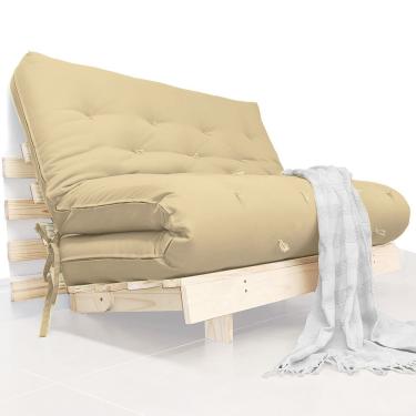 Imagem de Futon Casal Tokio Sofa Cama Bege Sarja Impermeável Com Madeira Maciça