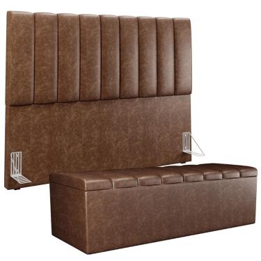 Imagem de Kit Cabeceira Cama Box Casal King 195cm Com Calçadeira Baú Dália W01 Couríssimo Marrom - Lyam