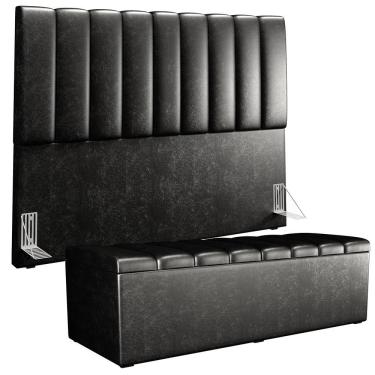 Imagem de Kit Cabeceira Cama Box Casal King 195cm Com Calçadeira Baú Dália W01 Couríssimo Preto - Lyam