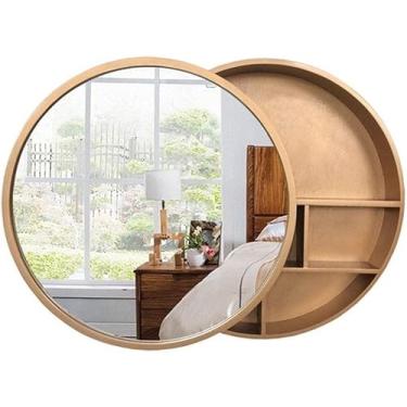 Imagem de AKALNNB Armários espelhados, espelho de parede, banheiro, madeira maciça, espelho de banheiro, espelho de parede com prateleira, espelho de vaso sanitário, espelho redondo