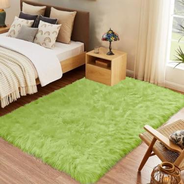 Imagem de Goolela Tapete de área 10 x 15 cm para quarto, sala de estar, dormitório, essenciais, decoração, verde, fofo, macio, lavável, tapete de pele de carneiro desgrenhado, retangular