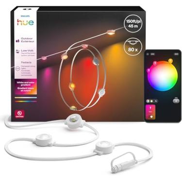Imagem de Philips Hue Cordão de luzes Festavia permanentes para ambientes externos, 45 m, 80 luzes, 55 lúmens por luz, regulável, à prova de intempéries, resistente à água, fácil de instalar, ambiente branco e