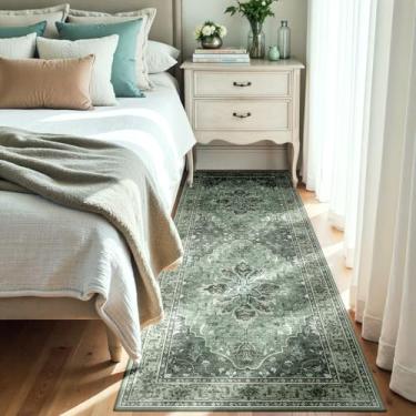 Imagem de RELEANY Tapetes de área 9,5 x 20,3 m, lavável, antiderrapante, estampa floral, vintage, tapete medalhão para sala de estar, quarto, sala de jantar, verde escuro cinza