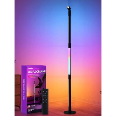 Imagem de LEONLITE Candeeiro de piso LED de canto com holofote, luminária de chão RGBW de 360° com sincronização de música, controle remoto para leitura, salas de estar, quartos, mesa