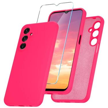 Imagem de YENAPOON Capa de silicone para celular Samsung Galaxy A15 5G rosa choque | Capa, 1 protetor de tela, macio antiarranhões, forro de microfibra, corpo inteiro, à prova de choque, capa fina