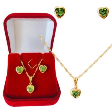 Imagem de Kit Conjunto Colar e Brinco Feminino Coração Zircônia Dourado Folheado