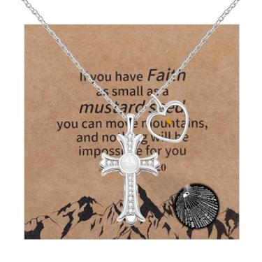 Imagem de Vivaday Colar com cruz de semente de mostarda com coração | Pingente de zircônia cúbica I Love You em 100 idiomas | Joias Faith Can Move Mountains Faith | Platinum/Ouro/Rose Gold | Aço inoxidável e