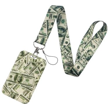 Imagem de BKBKAAK Porta-crachá de notas de dólar com cordão, suporte de cartão deslizante de plástico vertical e cordões de pescoço e pulso, cordão de chaveiro de dinheiro verde para mulheres, homens, meninos