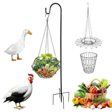 Imagem de Alimentador de frango para pendurar, acessórios grandes dobráveis para aves, cesta alimentadora de frutas e vegetais com 4 correntes e ganchos firmes, brinquedos de tédio de frango para galinheiro (1