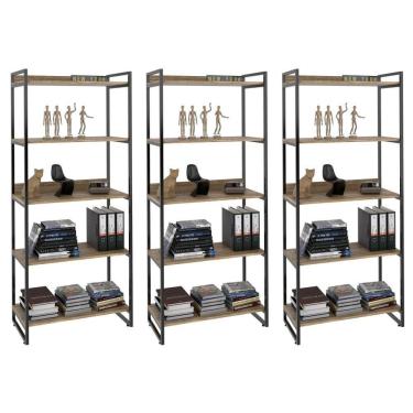 Imagem de Kit 3 Estantes Livreiro Multiuso Prisma 80Cm 5 Prateleiras Carvalho