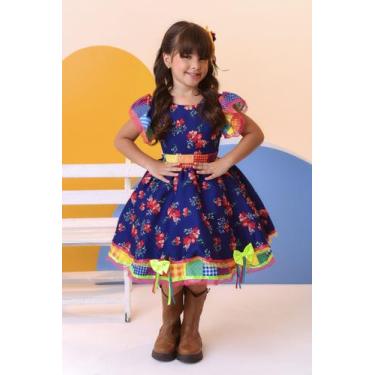 Imagem de Vestido Infantil Luxo Junino Arraiá Azul Florido Colorido - BANANA CLU
