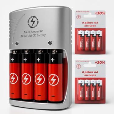 Imagem de Carregador de Pilhas Recarregáveis Kit + 8 Baterias AA/AAA