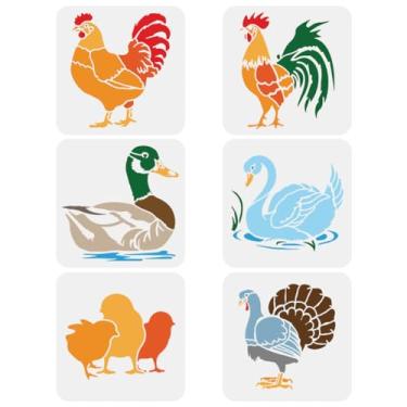 Imagem de FINGERINSPIRE 6 peças de estêncil de pintura de aves agrícolas, 19 x 19 cm, 6 estilos, galos, galos, gansos, patos, perus, estêncil de pulverização, modelo de parede com tema animal de bico afiado