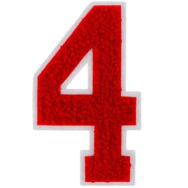 Imagem de 1 peça de patch de número de chenille vermelho de 10 cm, remendos de ferro para chapéus, roupas, bolsas, mochilas, jeans, par com remendos iniciais, letra grande universitária. (Vermelho 4)