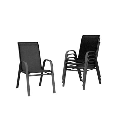 Imagem de GAOMON Conjunto de 4 cadeiras empilháveis de pátio, cadeiras de jantar empilháveis ao ar livre, reclinável de lazer, estrutura de tecido respirável e metal com apoios de braços, para piscinas, deck