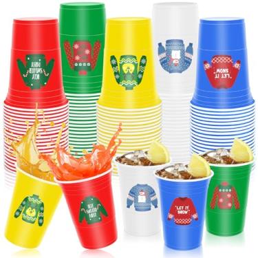 Imagem de Vesici 100 peças de copos de plástico natalinos com tema de Feliz Natal, descartáveis, copos de suéter feios, vermelho, azul, amarelo, verde, branco, 473 ml, copo decorativo para festa de fim de ano
