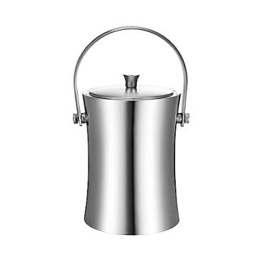Imagem de balde de vinho Recipiente moderno para cubos de gelo em aço inoxidável Champagne Wine Cooler Balde Home Bar bebida com tampa e alça confortável Refrigerador de cerveja(1L)