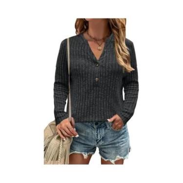 Imagem de Camiseta Feminina De Manga Longa Com Decote Em V E Botões, Estilo Casu