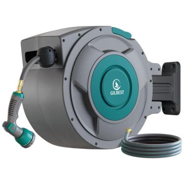 Imagem de Mangueira de Jadim 30M com Enrolador Retrátil, Bico Pulverizador de 10 Funções, Sistema de Retorno Lento e Trava, Gilbest, Cinza