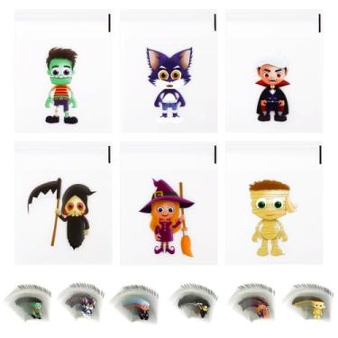 Imagem de 200 peças de sacos autoadesivos, 6 estilos de saco de presente de desenho animado, embalagens de doces, pequenos sacos de presente assustadores para biscoitos, doces, petiscos, lembrancinhas de festa