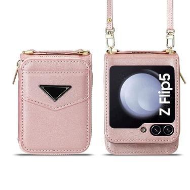 Imagem de Capa tipo carteira transversal para celular Samsung Flip5 Flip4 5G porta-cartões com tira de couro, ouro rosa, para Galaxy Z Flip5 5G