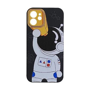 Imagem de Astronauta com telescópio Capa lisa de silicone líquido para iPhone 13 12 11 Pro Max Capa lavável leve, preta, PARA IPhone 11