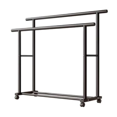 Imagem de LizhSynergy Cabide simples, cabide de haste dupla com suporte de armazenamento, tubo de aço carbono preto com rodas, suporte de armazenamento de roupas no chão (camada única de polo duplo, 1 metro)