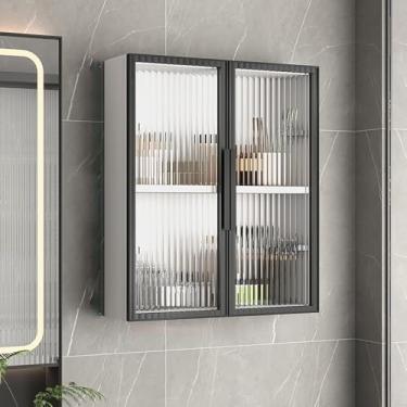 Imagem de Armário de parede de banheiro com portas de vidro, armário de parede de banheiro de madeira maciça sobre vaso sanitário, armários de remédios para organizador de banheiro, armário de armazenamento de