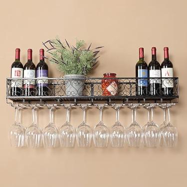Imagem de Rack de vinho montado na parede com suporte de vidro, prateleira de garrafa de vinho de metal, prateleiras de bar flutuante, prateleira de bar de parede, suporte de vinho de ferro, prateleira de