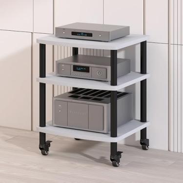 Imagem de Suporte de mídia AV de 3 camadas/4 níveis, rack amplificador HiFi, suporte para leitor de CD, gabinete de componente estéreo com roda, torre de rack de áudio móvel (branco, 2 camadas)
