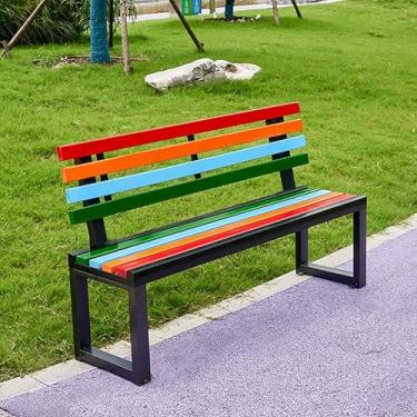 Imagem de Banco ao ar livre, banco de parque de metal com encosto, móveis de jardim ao ar livre à prova de intempéries para pátio, varanda frontal, gramado, deck, quintal, assento para 2-3 pessoas, capacidade