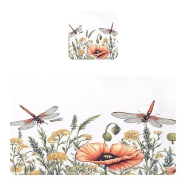 Imagem de Burbuja Jogo americano Flowers Dragonfly conjunto de 4 para mesa de jantar, tapetes de mesa de cozinha antiderrapantes resistentes ao calor, fáceis de limpar, 30 x 45 cm