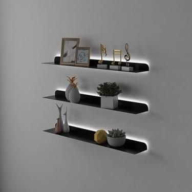 Imagem de Prateleiras de parede flutuantes, uma palavra com luzes divisória de sala de estar prateleira de ferro montada na parede estante de livros laminado LED emissão de luz nas prateleiras de parede (cinza