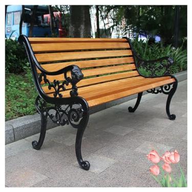 Imagem de Banco de jardim de metal, bancos de pátio para ambientes externos, banco de parque de ferro fundido e madeira com encosto e apoios de braço curvos, banco de piquenique de jantar, assento de ripas
