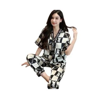 Imagem de Conjunto De Pijama Feminino De Verão Em Seda Gelada, Manga Curta, Caim