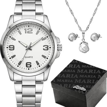 Imagem de relogio feminino aço inox prata + colar caixa brincos perola social mo